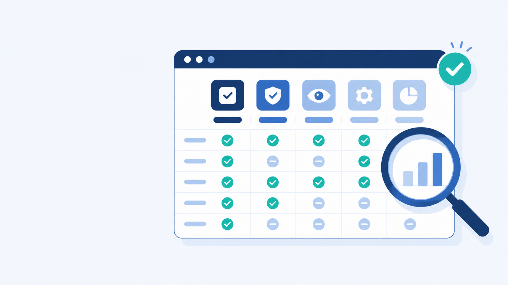 Flat illustration of a feature comparison table with checkmarks and magnifying glass