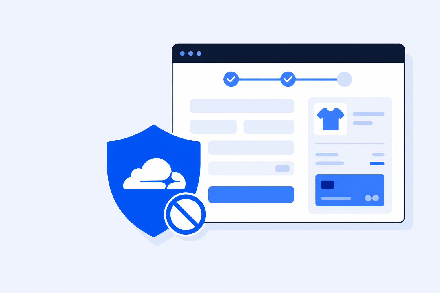 Flat illustration of Cloudflare blocking a WooCommerce checkout — shield and browser window
