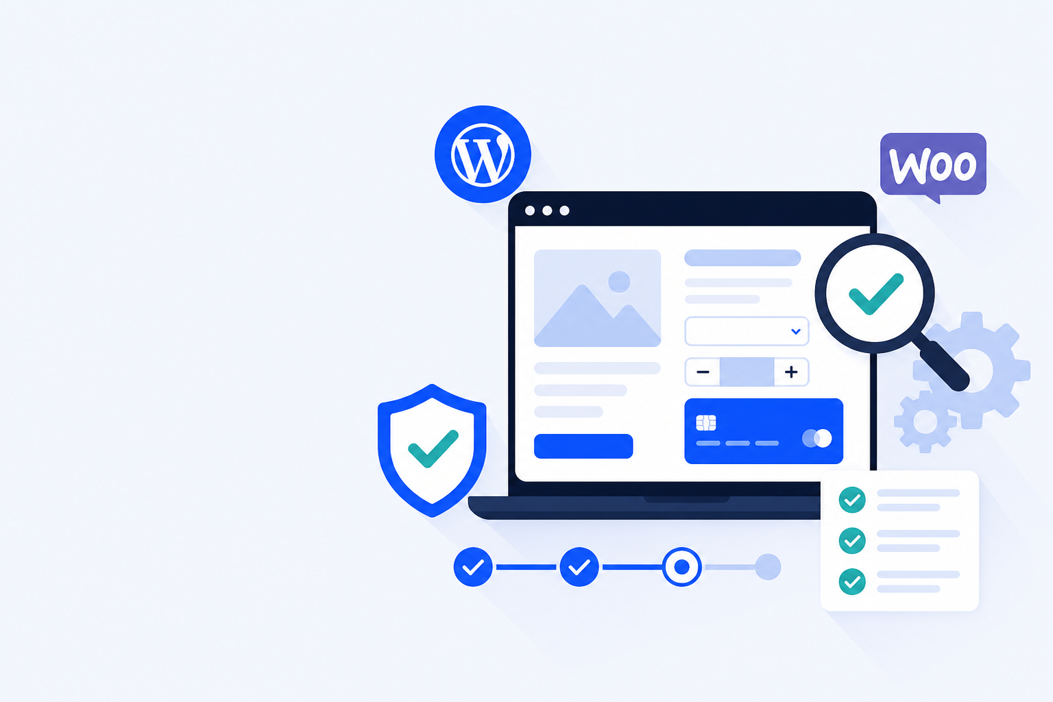 Flat illustration of Ghost Inspector alternatives for WordPress and WooCommerce testing with browser windows and checkmarks