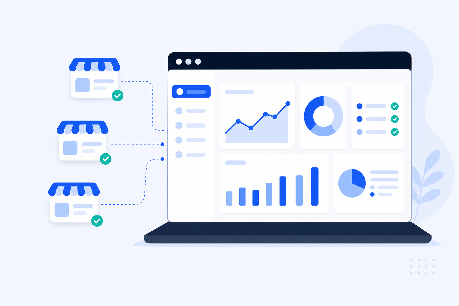 Flat illustration of monitoring multiple WooCommerce stores from one dashboard with charts and checkmarks