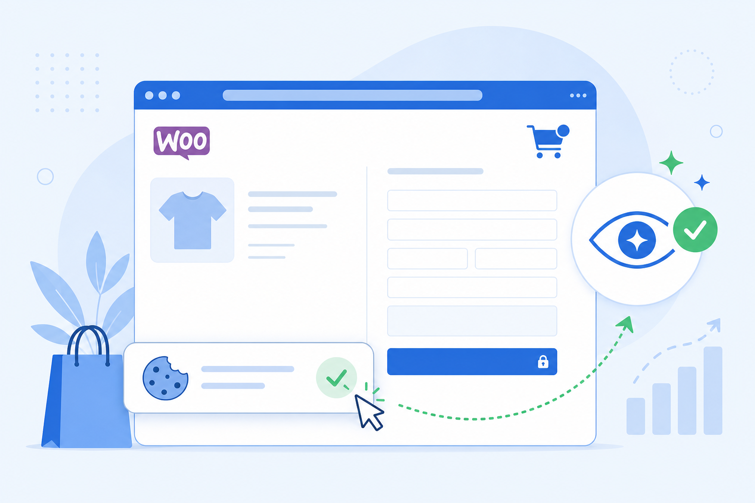 Flat illustration of a browser checkout with cookie banner dismissed, cart icon, and AI verification checkmark