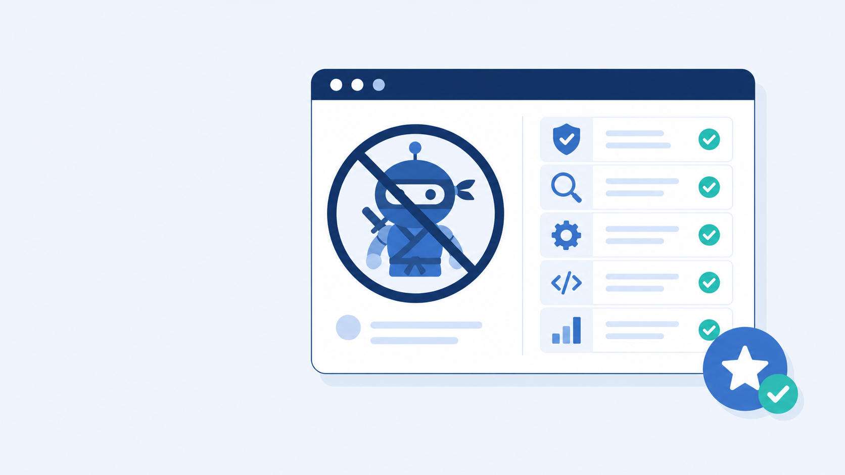 Flat illustration of a crossed-out robot ninja beside a monitoring checklist with green checkmarks
