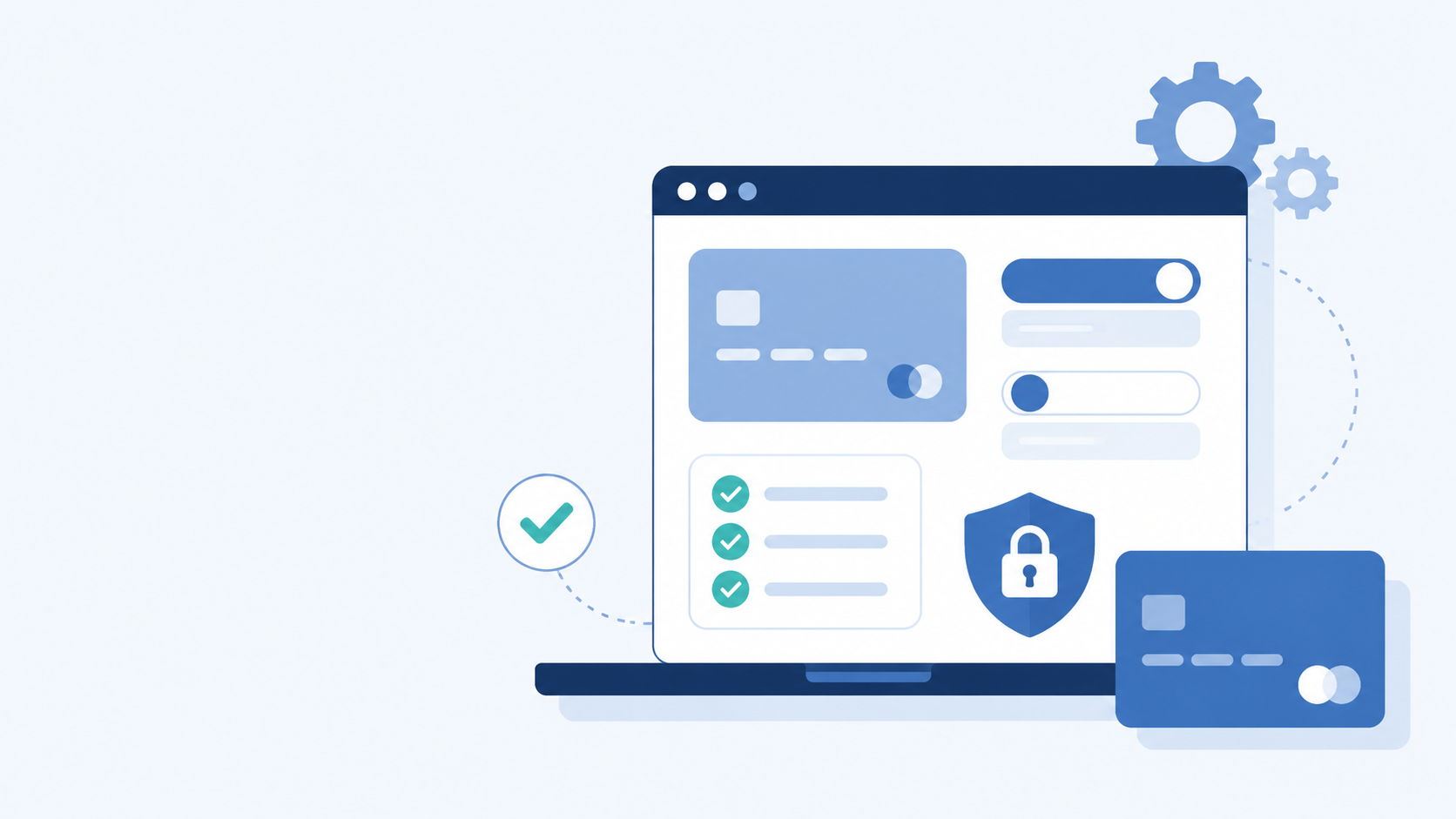Flat illustration of a browser checkout form with test credit cards and success checkmarks