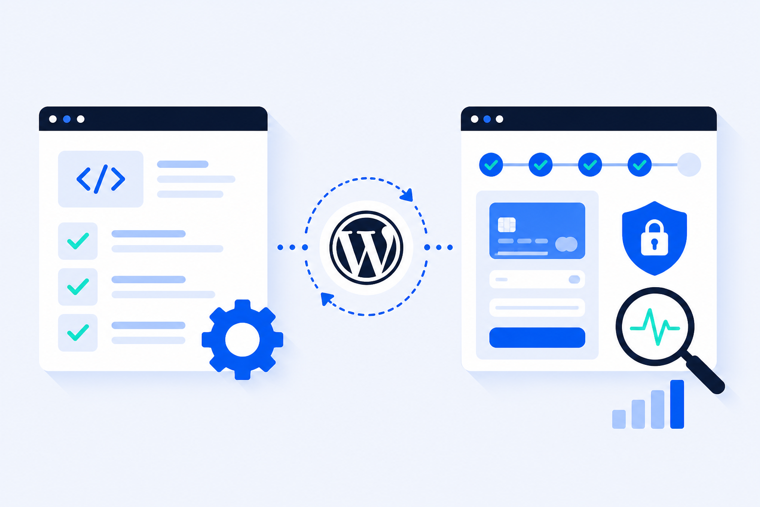 Flat illustration contrasting unit testing code checks with continuous WooCommerce checkout monitoring