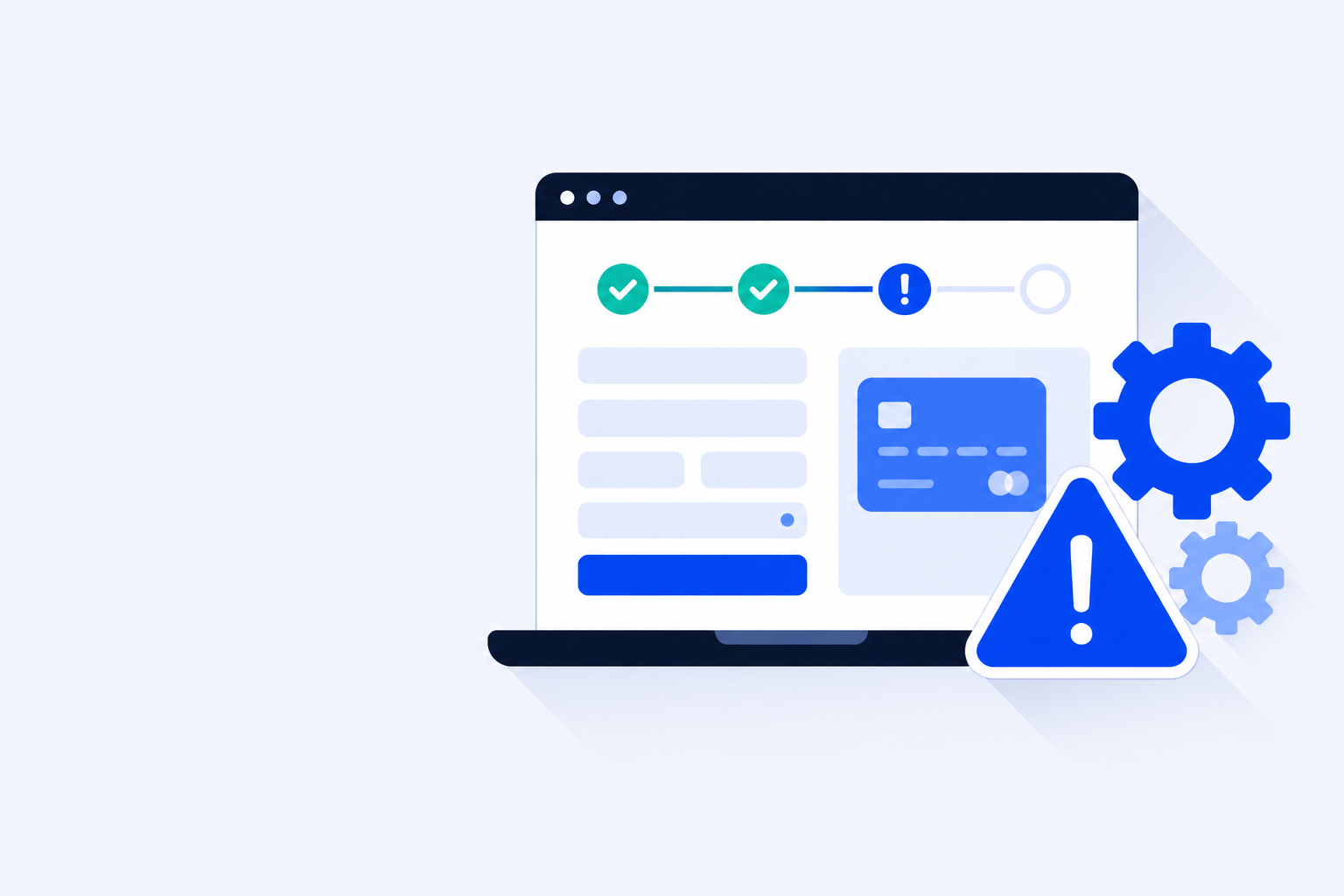 Flat illustration of WooCommerce checkout broken after a plugin update — gears and warning