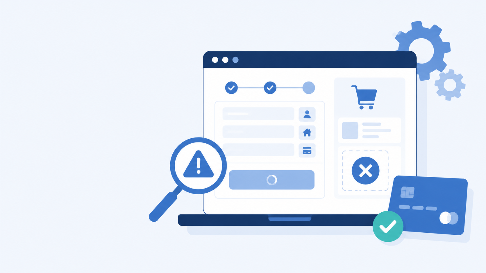 Flat illustration of a laptop checkout form with loading spinner, warning icon, and failed cart