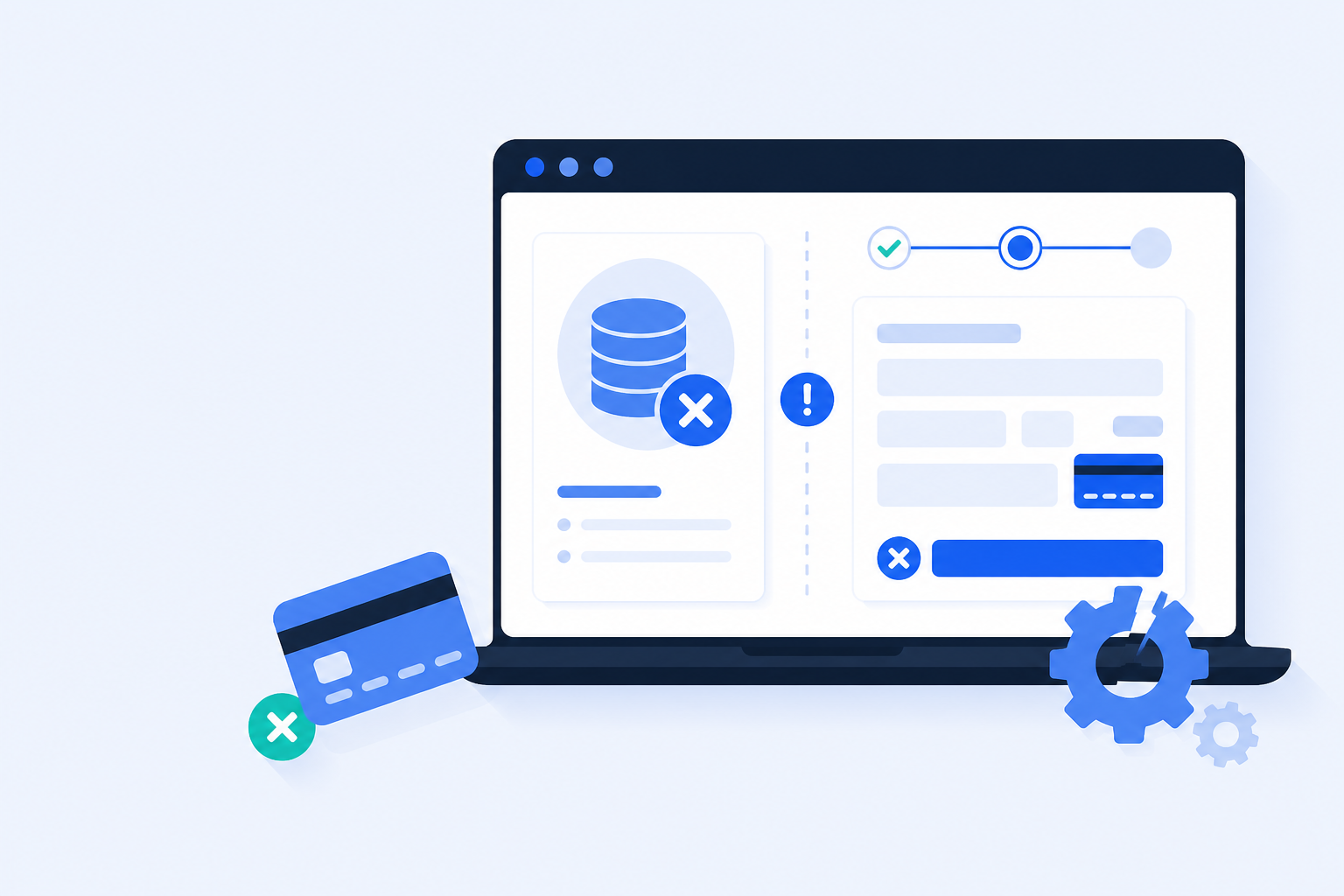 Flat illustration of a WooCommerce database error — missing order record and broken checkout