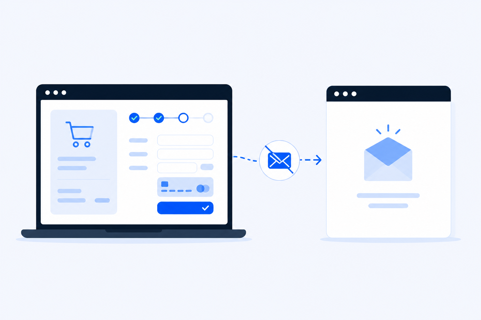 Flat illustration of a WooCommerce checkout beside an empty inbox — order confirmation email not sending