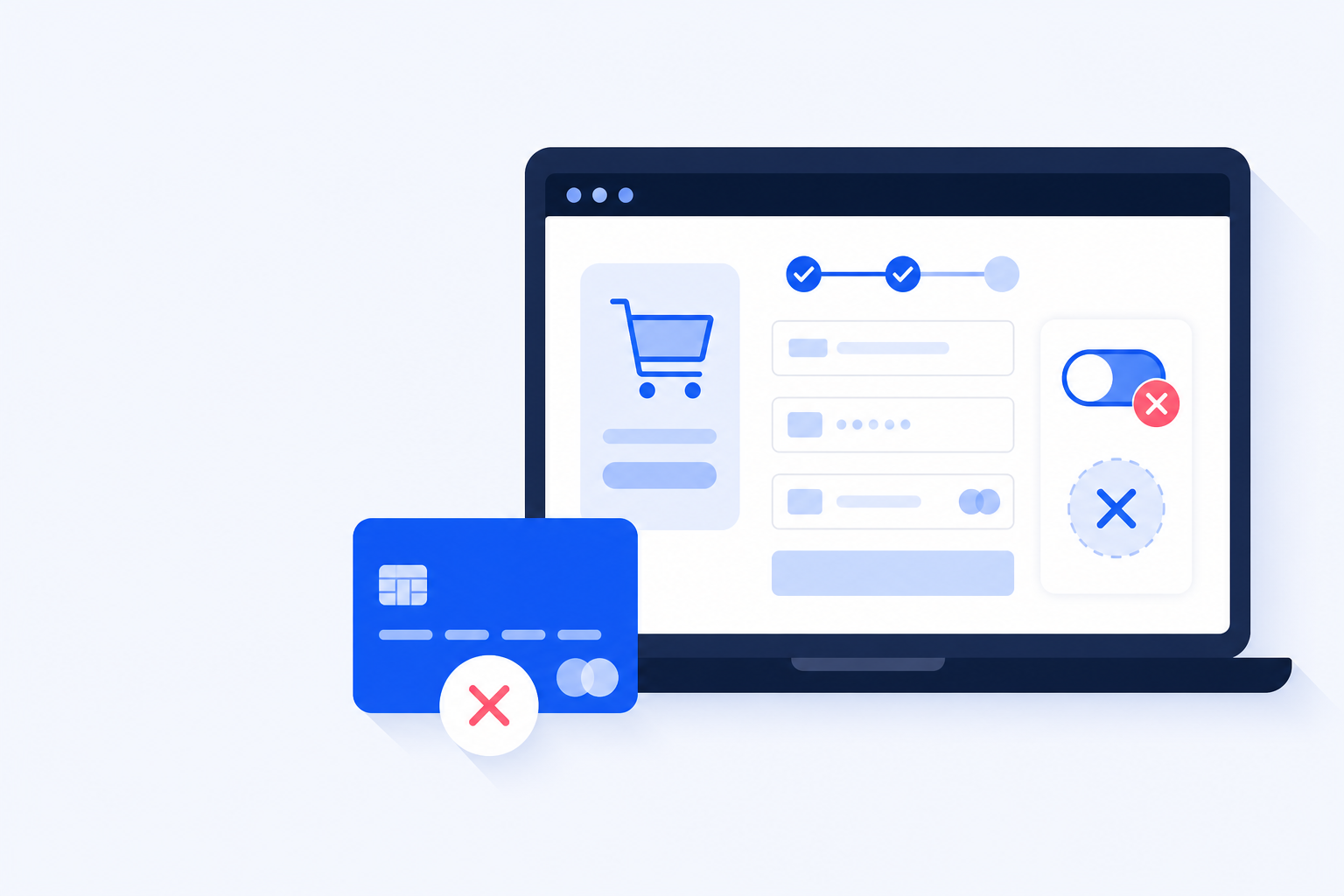 Flat illustration of a WooCommerce PayPal checkout with a payment card and failed toggle