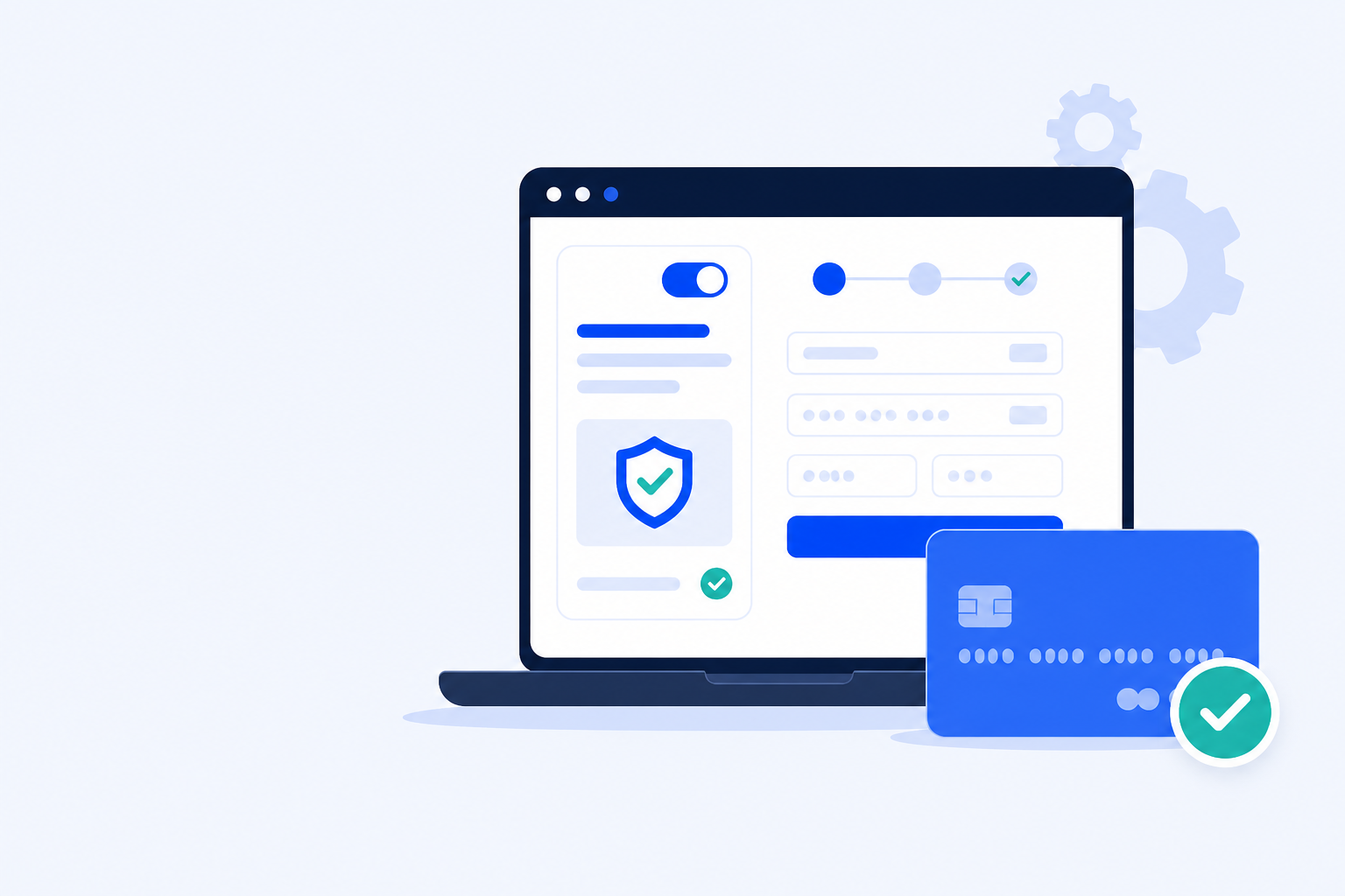 Flat illustration of WooCommerce sandbox payments with a test credit card and success checkmark
