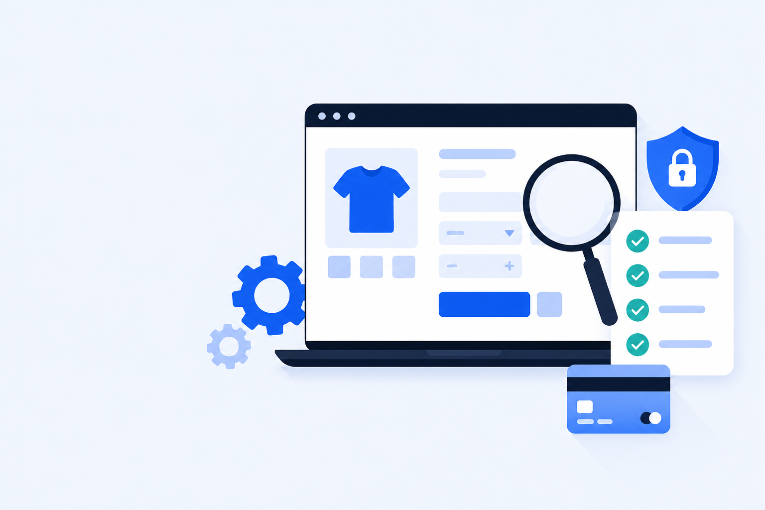 Flache Illustration: kompletter WooCommerce-Testing-Guide mit Browser, Checkliste und Lupe