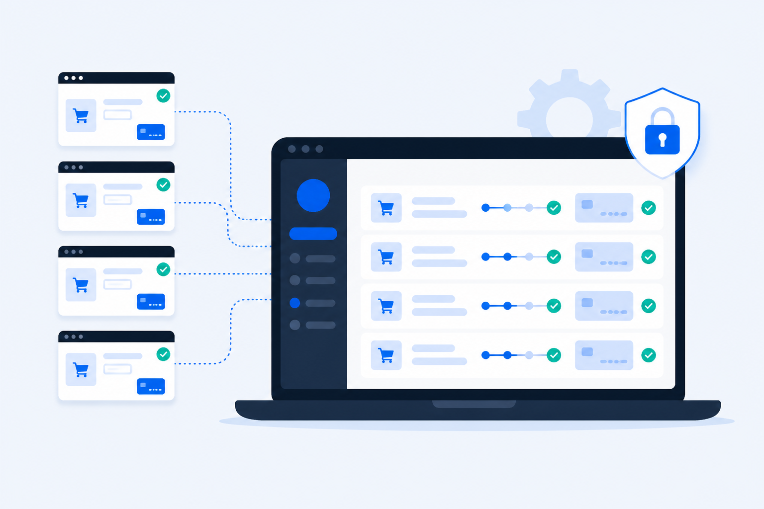 Flache Illustration: Agentur überwacht viele Client-WooCommerce-Checkouts von einem Laptop aus