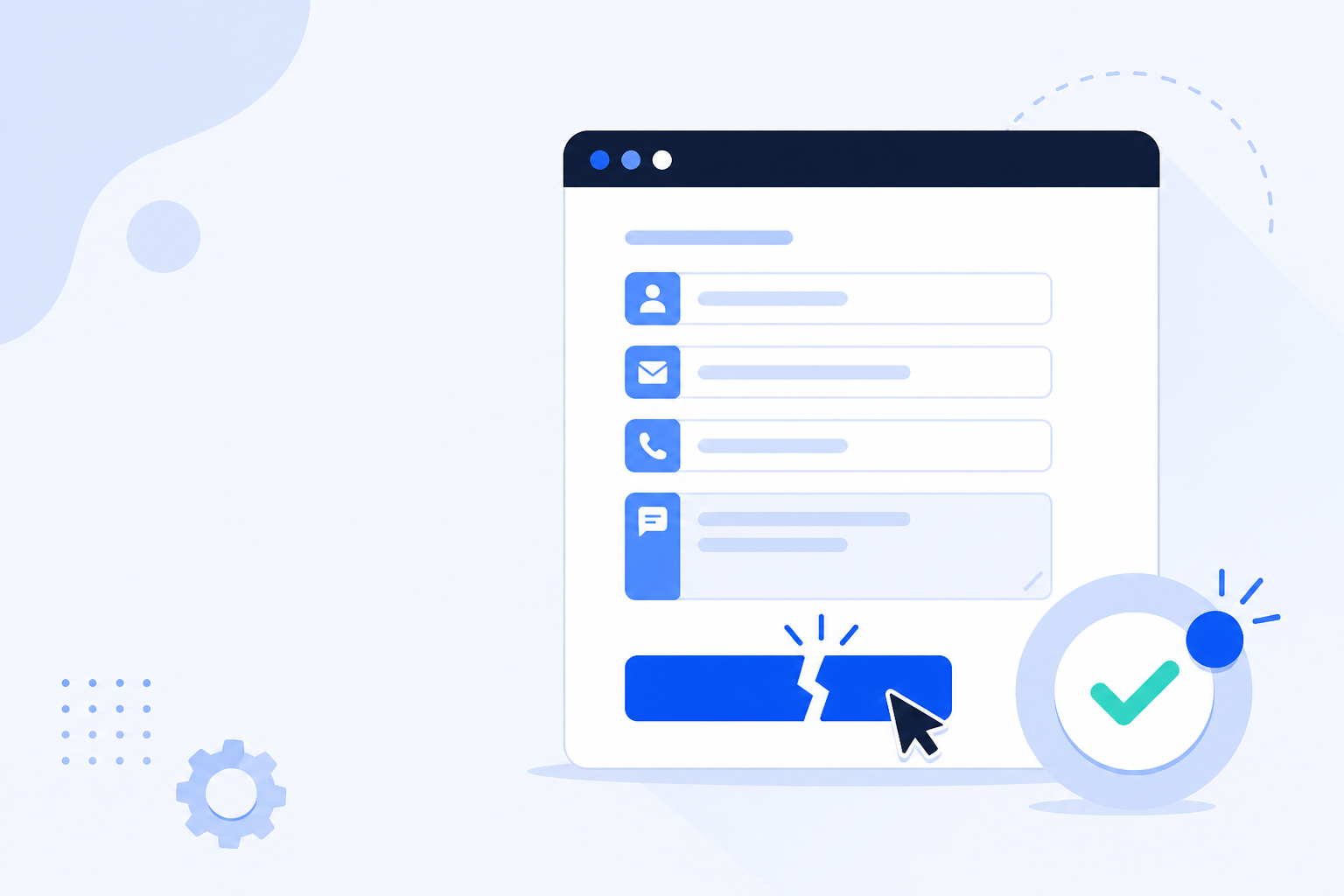 Flat illustration of a WordPress form with a broken submit button and a monitoring alert checkmark